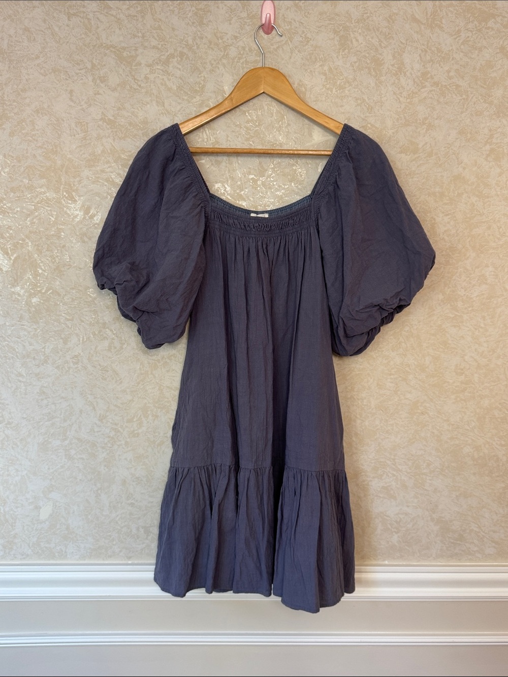 entro Puff-Sleeve Square Neck Mini Dress in Slate Blue